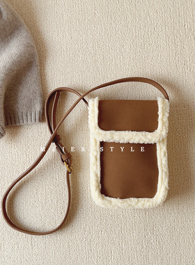 ins复古磨砂拼接羊羔毛小方包手机包单肩斜挎小包包毛毛包毛绒包