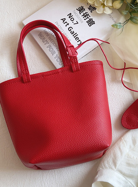 韩系ins红色水桶包菜篮子手提包子母包时尚百搭单肩斜挎包女包潮
