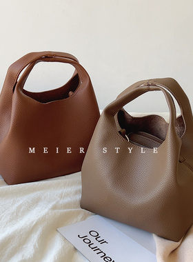 ins复古荔枝纹菜篮子水桶包托特包手提包简约单肩斜挎包子母包女