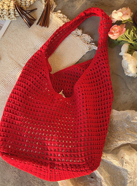 韩系ins镂空编织包红色托特包大容量单肩包购物袋度假沙滩包