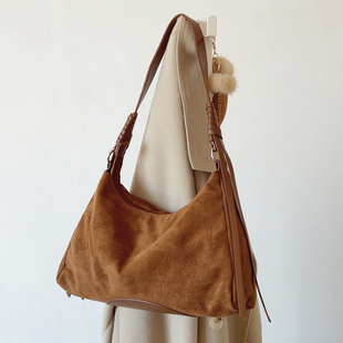ins复古麂皮绒腋下包气质百搭法棍包绒面单肩斜挎包手提包通勤包