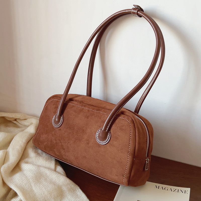 ins复古绒面托特包保龄球包简约百搭腋下单肩包手提包法棍包2024