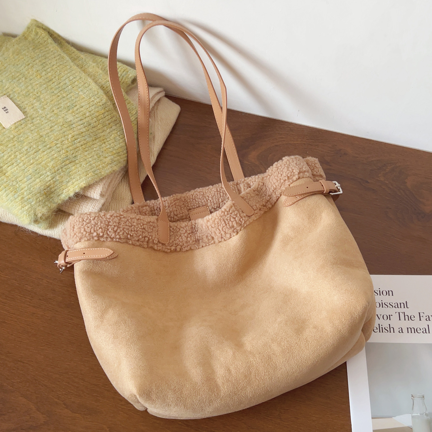 ins复古羊羔毛托特包时尚百搭腋下包绒面单肩包毛毛包毛绒包女包