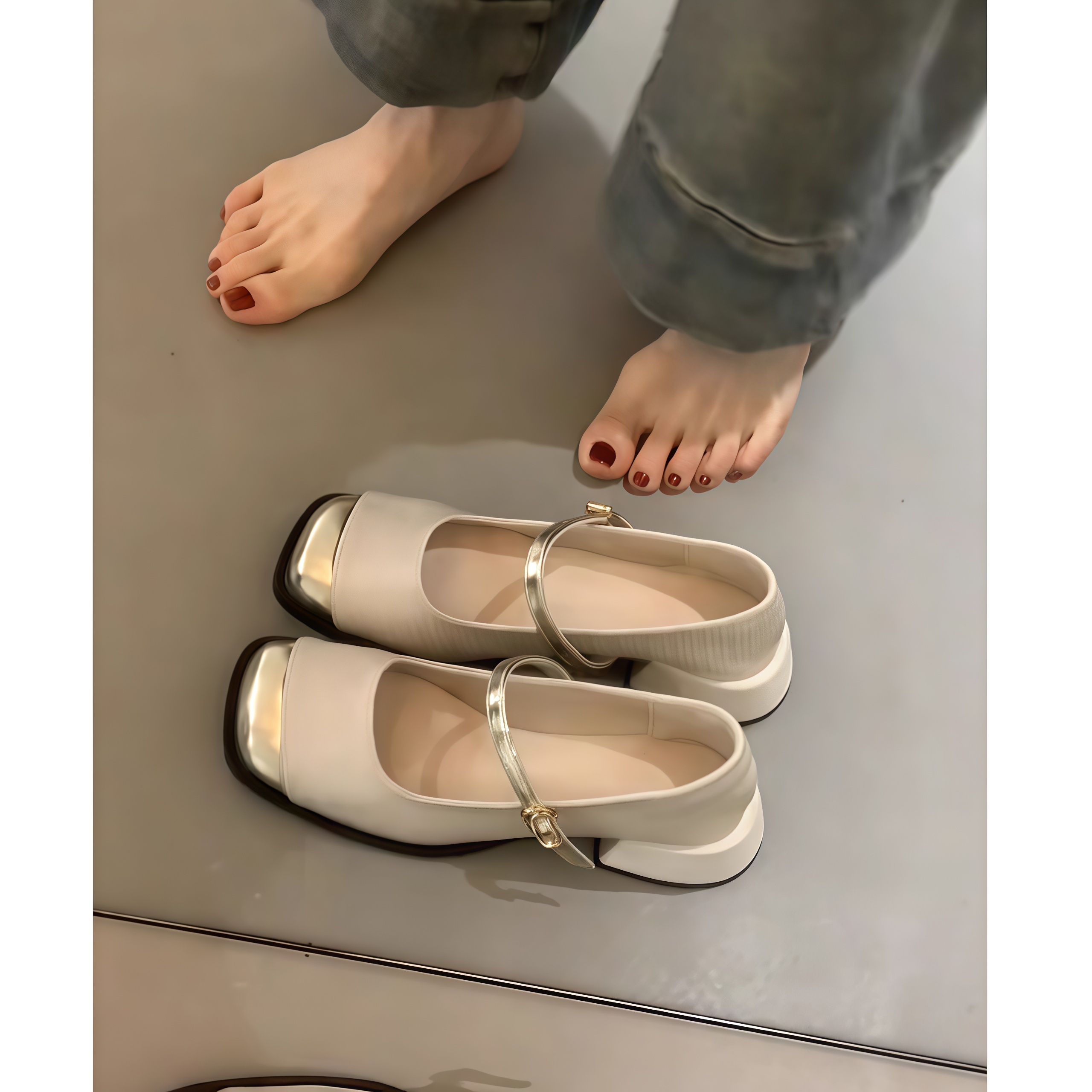 法式粗跟方头一字带玛丽珍女鞋