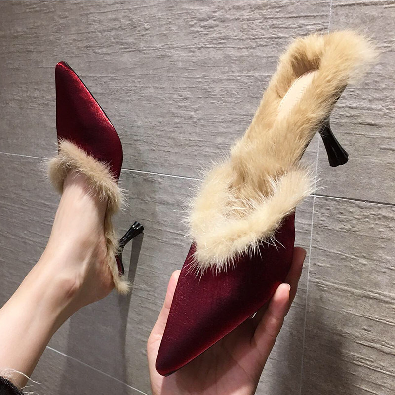 法式小众高跟鞋女细跟尖头毛半拖