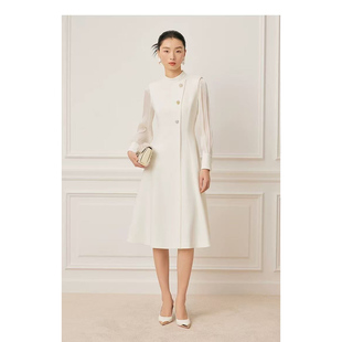 拼接收腰优雅圆领连衣裙5C66105160 白色专选纱袖 高端2026春季 新款