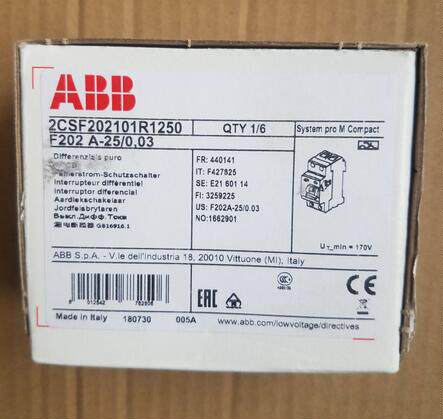 原装ABB电磁式漏电保护装置 不带过电流保护 F202 A-25/0.03询价