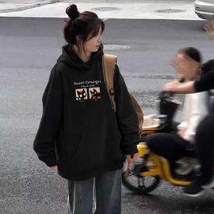 加厚连帽卫衣女款春秋季2026新款爆款美式复古黑色上衣加绒外套
