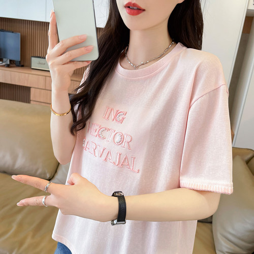 冰感雪花棉 糖果色短袖恤女2026夏装短袖薄款钉珠宽松小个子上衣