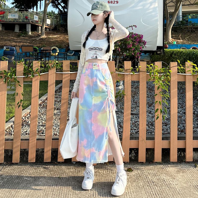 彩色牛仔半身裙女夏季2025新款多巴胺穿搭抽绳中长款包臀裙开叉裙