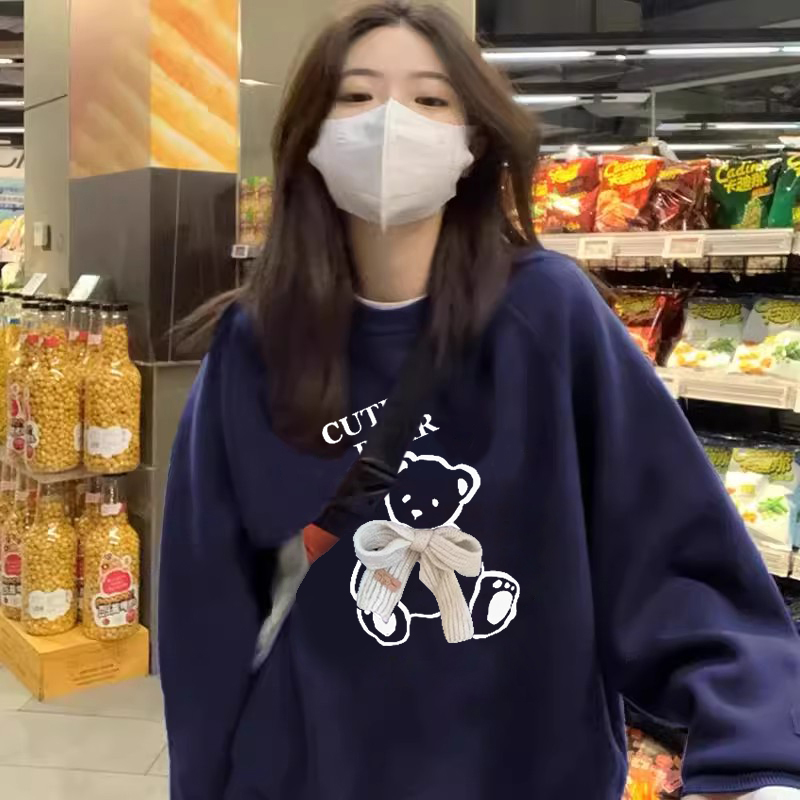 宽松胖mm大码圆领秋冬加绒加厚卫衣女设计感小众显瘦无帽外套上衣