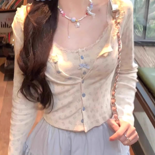 春秋新款 女 甜美奶系穿搭吊带开衫 纯欲辣妹碎花蓬蓬半身裙三件套装