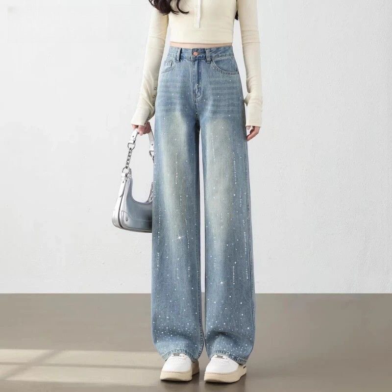 满天星窄版阔腿牛仔裤女2026春季新款高腰小个子宽松烫钻直筒裤子