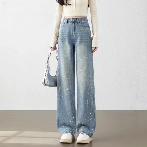 满天星窄版阔腿牛仔裤女2026春季新款高腰小个子宽松烫钻直筒裤子