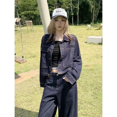 宋正恩深蓝色短款牛仔外套女秋季美式修身小个子休闲高级夹克上衣