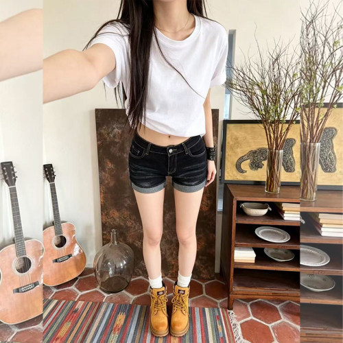 2026夏季新款卷边设计牛仔裤女大码低腰弹力修身直筒显瘦包臀热裤