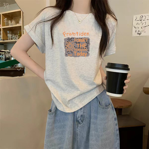 2026夏季新款花灰色纯棉短袖t恤女宽松百搭时尚减龄字母印花上衣