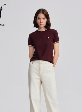 POLOWALK女式短袖圆领T恤百搭修身休闲简约撞色领边AY2W52E21401