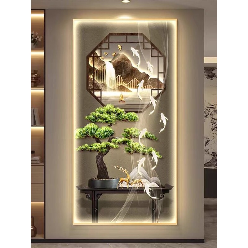 迎客松福禄九鱼高端入户玄关画新中式流水生财山水LED灯装饰壁画