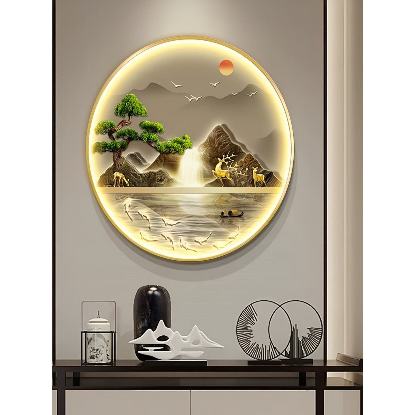 九鱼图入户进门玄关背景装饰画轻奢走道带灯挂画山水圆形发光壁画