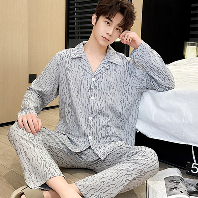 男士开衫长袖棉绸睡衣春秋夏季凉感家居服中老年爸爸款绵绸套装薄