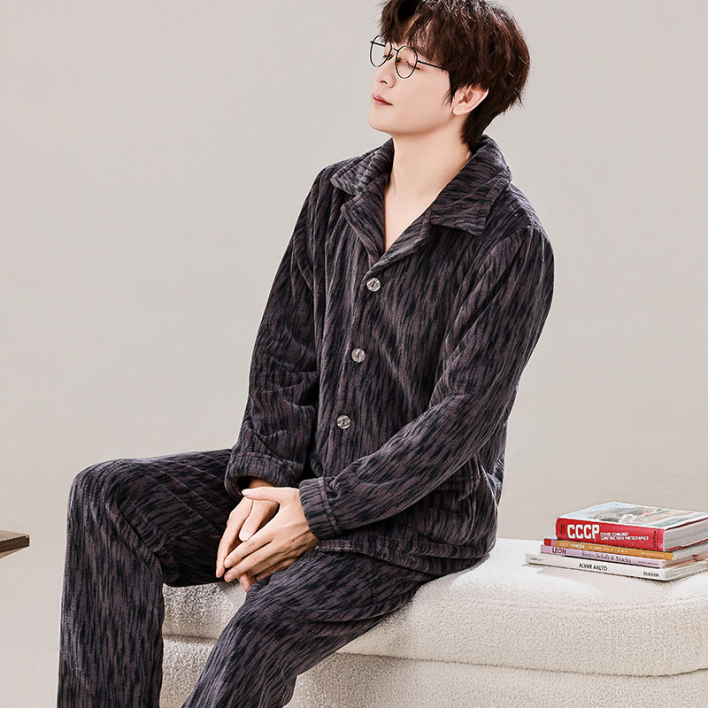2025秋冬款珊瑚绒睡衣男加厚加绒爸爸中老年家居服中年法兰绒套装