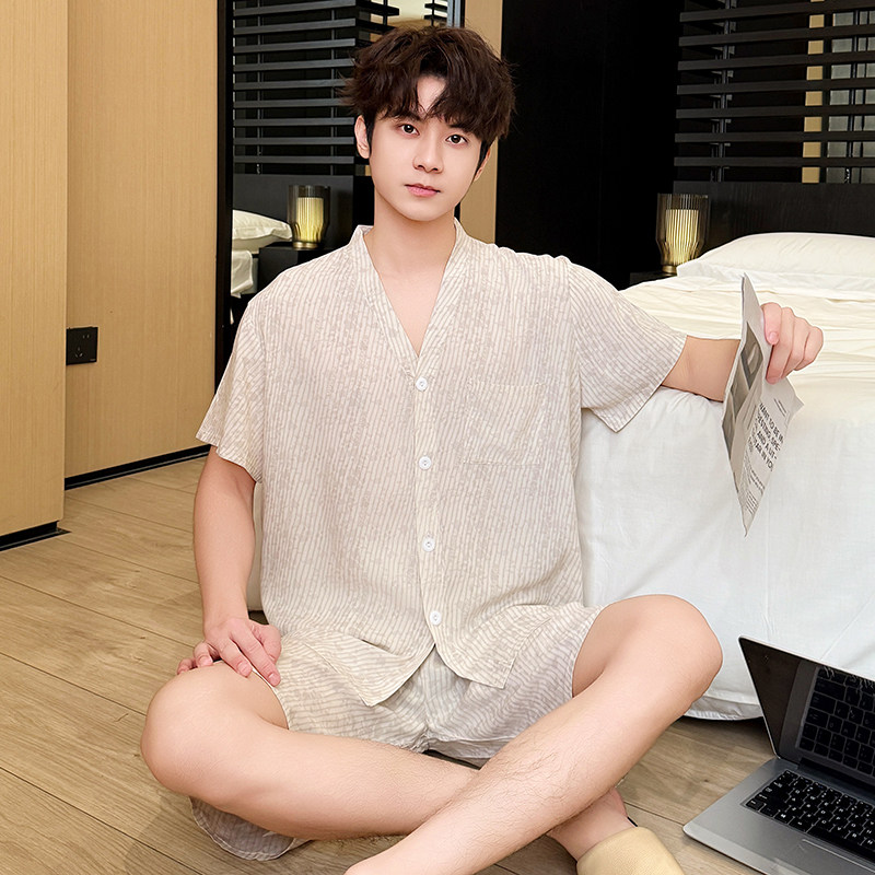 男士薄款短袖短裤宽松可外穿家居服夏季V领青年套装新款棉绸睡衣