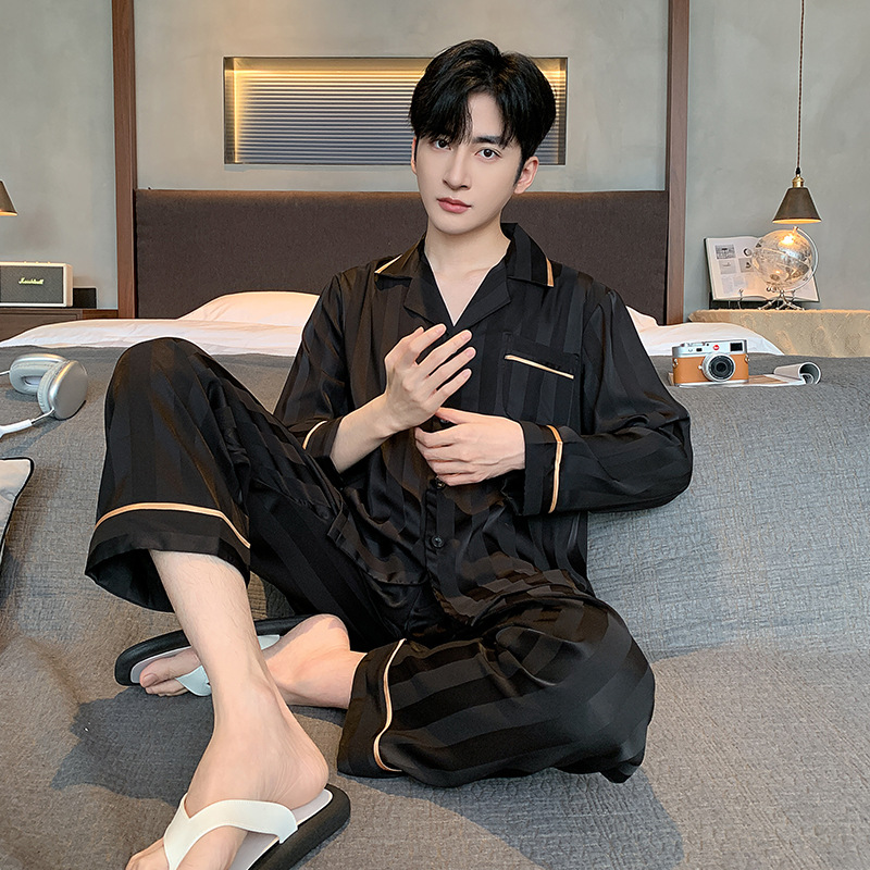男士睡衣纯色长袖冰丝薄款家居服