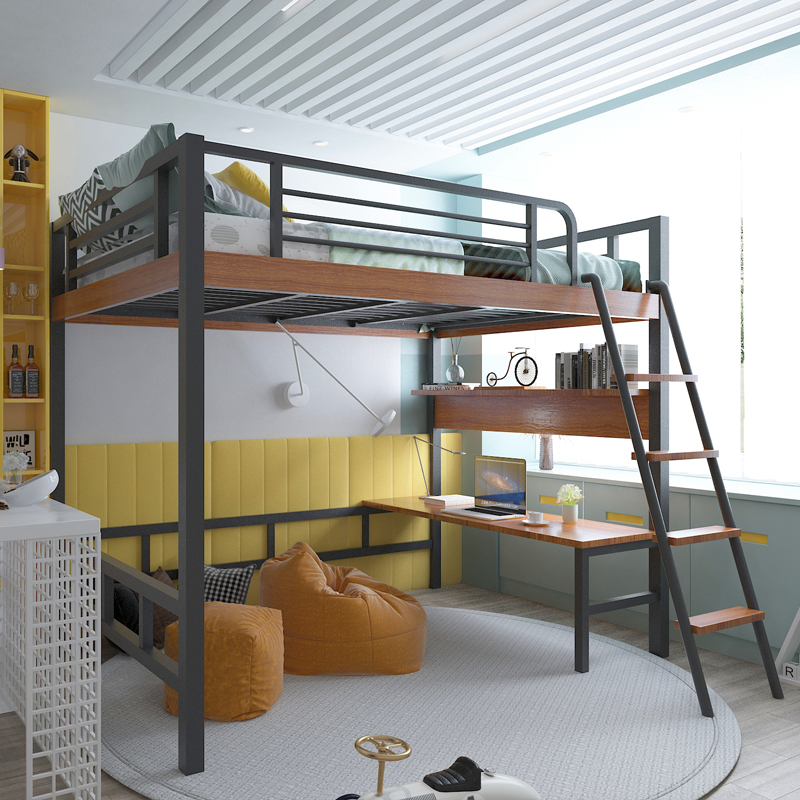 网红床上床下桌的简约现代 高架床 高低床 双人床 铁艺复式二楼床_虎窝淘