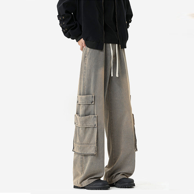 美式复古多口袋伞兵休闲工装裤男冬季新款宽松直筒水洗阔腿长裤子