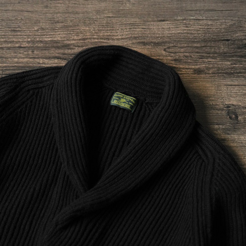 NVGS MFG CLASSIC BLACK SHAWL NECK CARDIGAN SWEATER JACKET WOOL SIMPLE SLIM URBAN BRITISH VINTAGE