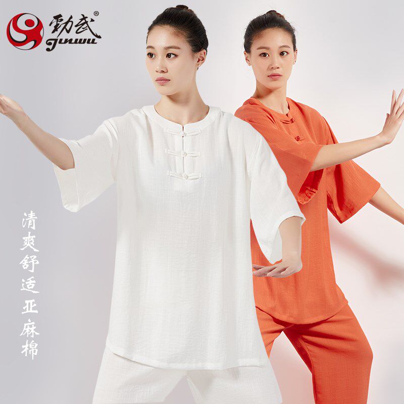 短袖太极服女亚麻棉太极拳练功服中袖武术服改良气功八段锦服装