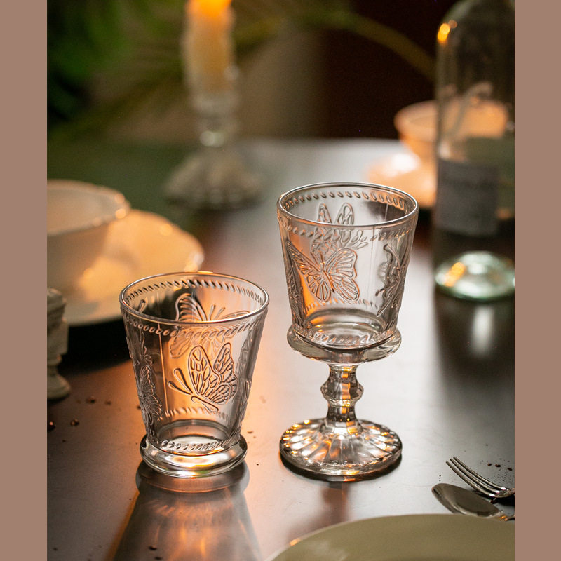 法式蝴蝶浮雕透明玻璃杯水杯复古中古风饮料杯咖啡杯红酒高脚杯子,餐饮具,白酒杯,淘宝优惠券,粉丝福利购,淘宝优惠卷
