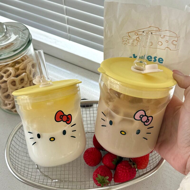 ins风高颜值玻璃吸管杯少女心果汁杯高硼硅大容量带盖玻璃水杯子