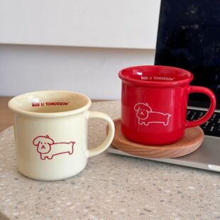 ins风小狗陶瓷杯红色带把马克杯耐热咖啡杯简约可爱果汁牛奶杯子