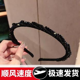 頭箍時尚 高級感氣質百搭發箍發卡 輕奢復古赫本風黑色水晶細款 韓版