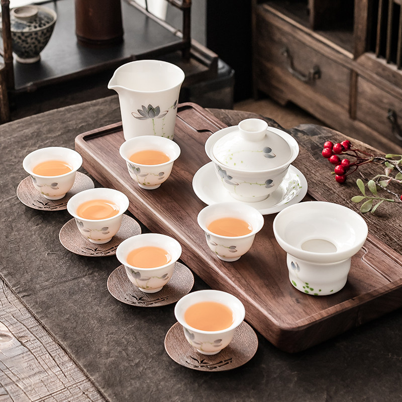 元毅羊脂玉功夫茶具套装家用高档陶瓷手绘盖碗茶壶茶杯礼盒装