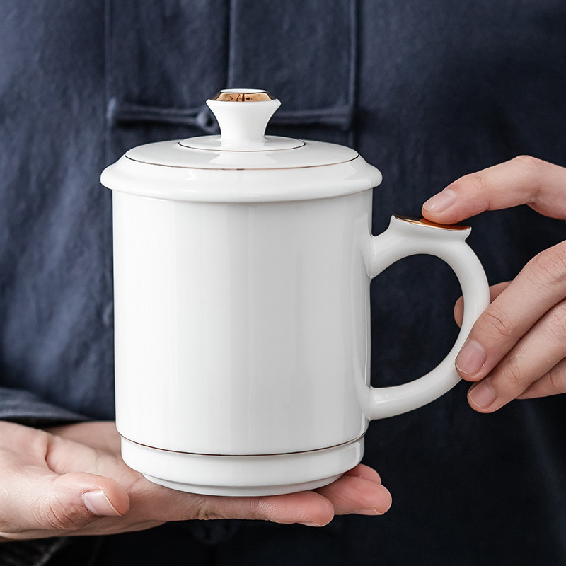 德化羊脂玉白瓷水杯陶瓷家用办公杯个人杯带盖茶杯泡茶杯logo订制