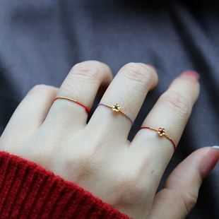 有钱花999足金小花戒指18k芝麻珠编绳指环本命年黄金戒指送女友