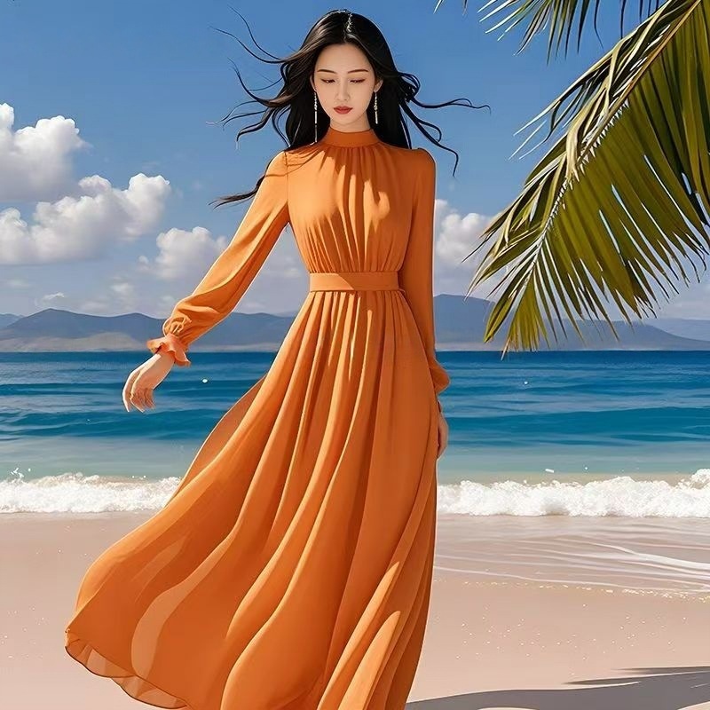 浅绿色连衣裙女夏2025新款长袖气质收腰海边度假长裙沙滩裙大摆裙