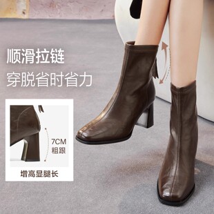 百思图专柜秋冬商场新款时装靴法式高跟女加绒短靴子F5217DD5