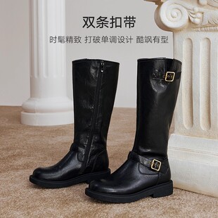 百思图冬季新款扣带加绒厚底骑士靴小个子高筒靴女长靴W0819DG4