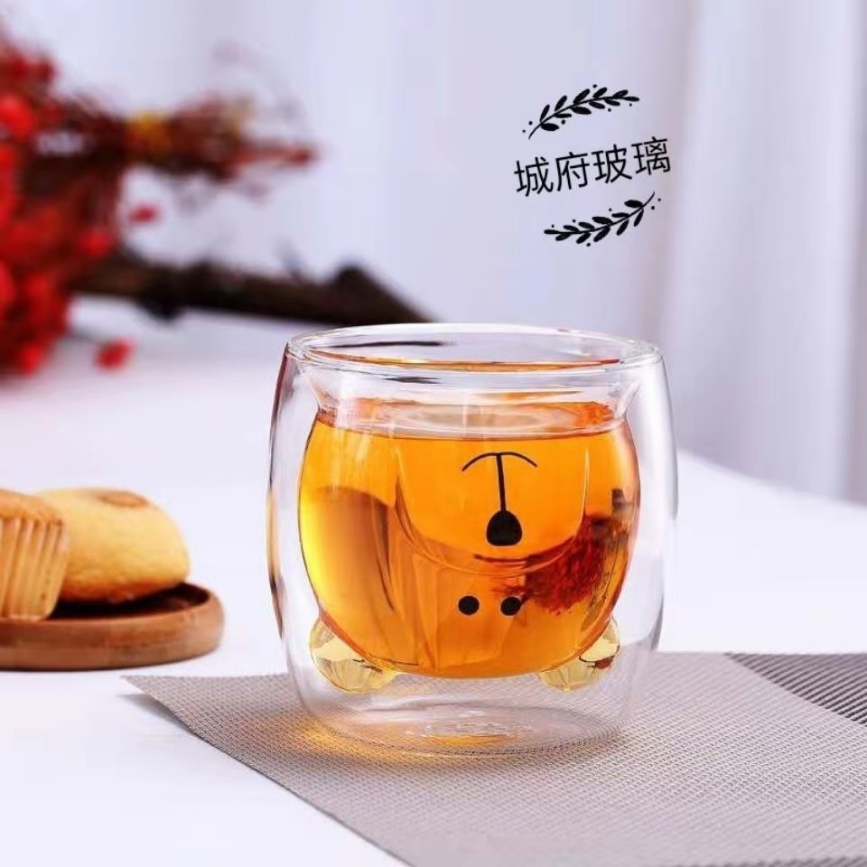 ins双层耐热玻璃杯小熊杯卡通创意咖啡杯牛奶水杯家用抖音同款
