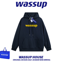 WASSUP 正品重磅纯棉宽松连帽加绒卫衣男女情侣装秋冬国潮牌帽衫