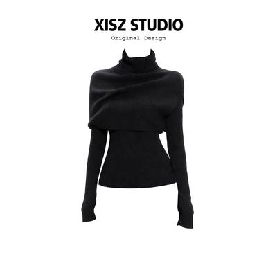 法式高领披肩针织衫女秋冬季修身显瘦打底衫内搭高级感黑色毛衣