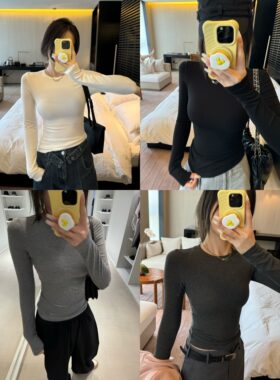 SEVEN也四色基础R0中线紧身内搭打底衫女圆领白色t恤长袖修身上衣