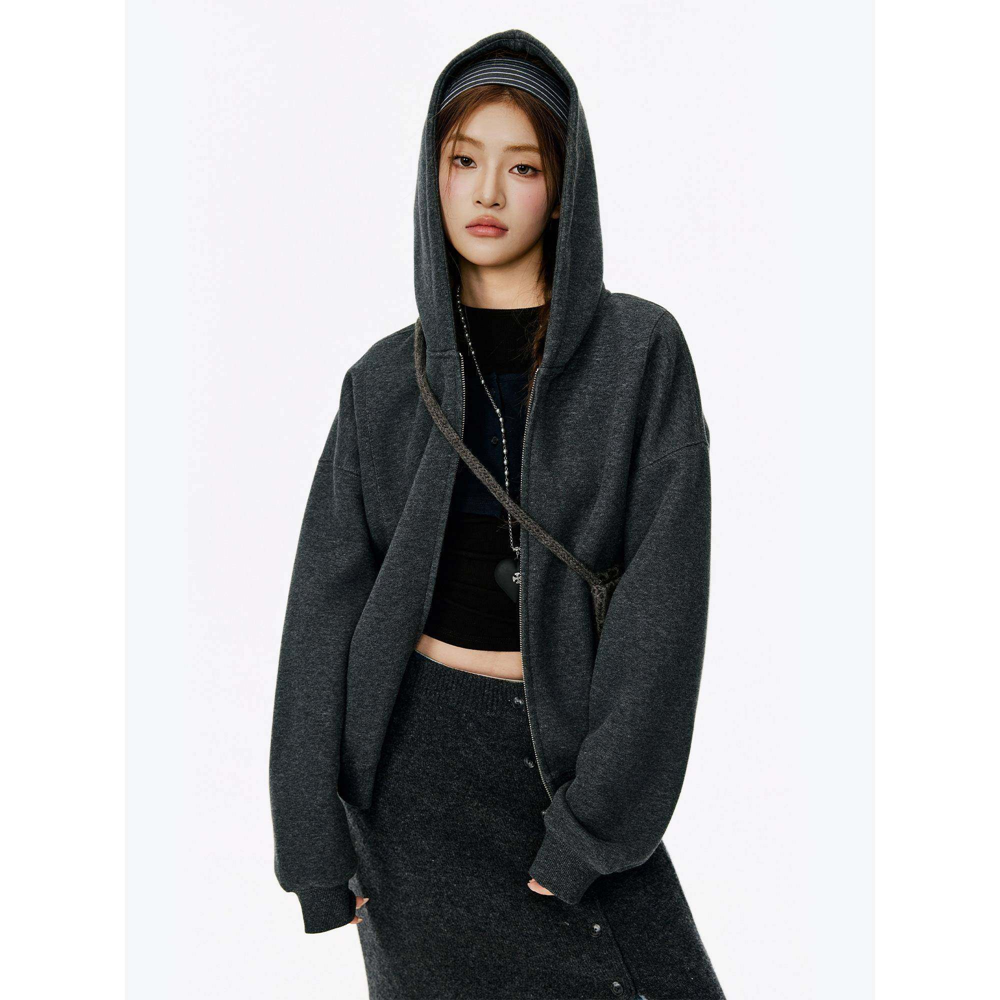 400G重磅拉链连帽卫衣外套薄款女秋季韩系初秋早秋深灰色休闲开衫