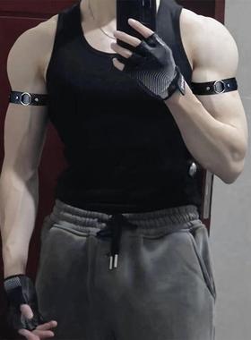 男士黑色臂环可调节朋克皮革衬衫体育生护臂绑带手环项圈配饰袖箍