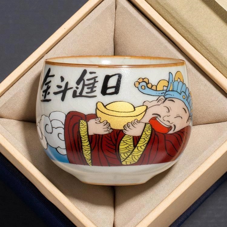 女士聚财主人杯汝窑日进斗金财神茶杯主人杯家用品茗杯个人专用高