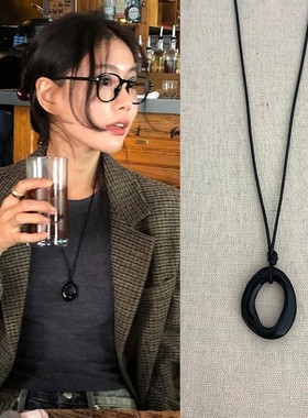 韩国博主同款黑曜石圆圈皮绳项链女小众高级感气质百搭长款毛衣链